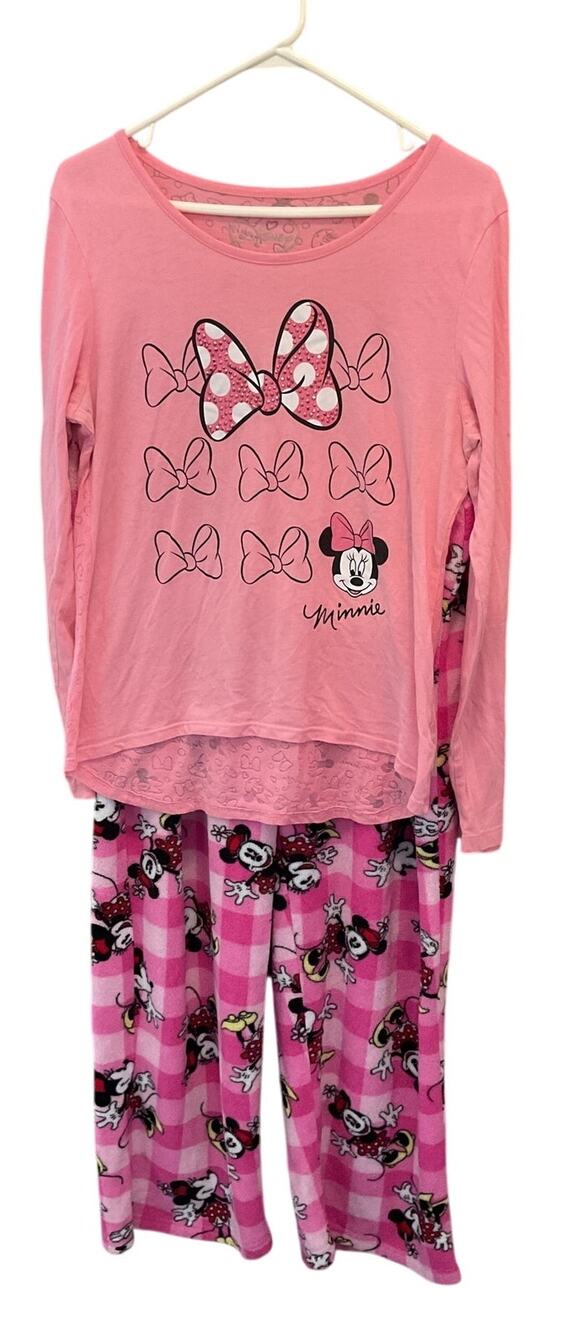 DISNEY Minnie Mouse Women Fleece Large 2Piece Long Sleeve Pajama Set Pink